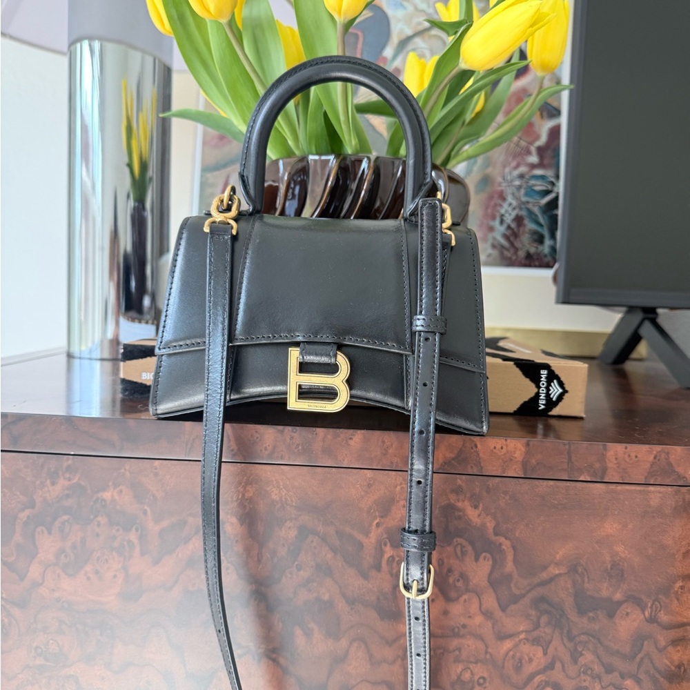 Balenciaga Black Mini Hourglass Top-Handle Bag with Gold B Logo - Picture 2 of 3